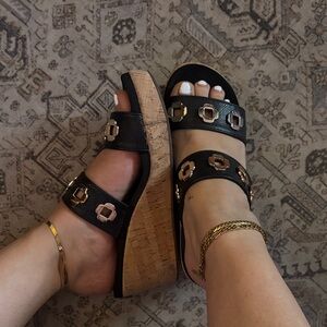 Corkys Black Wedge Sandals with Gold Accents